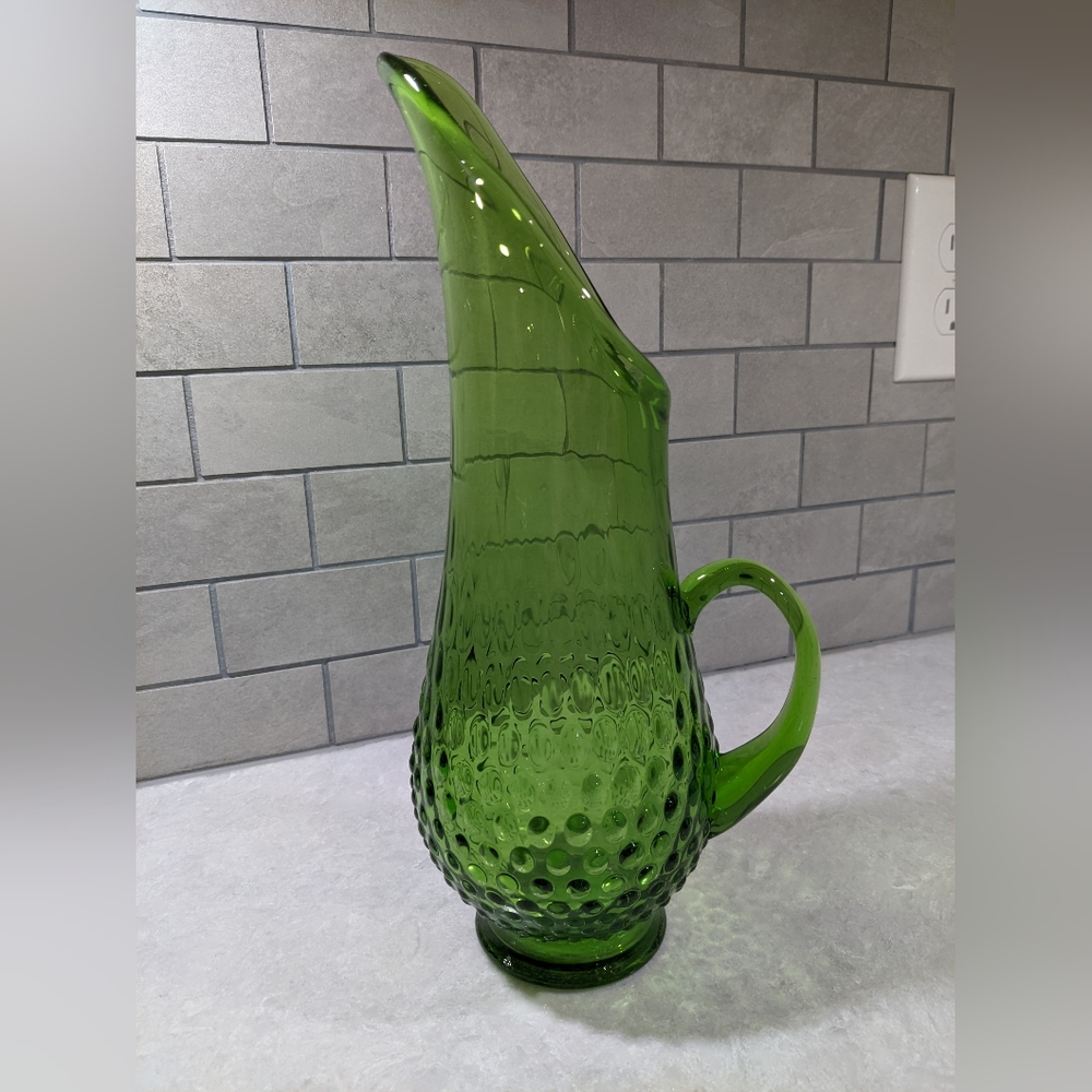 Vintage Fenton Green Hobnail Swung Pitcher
